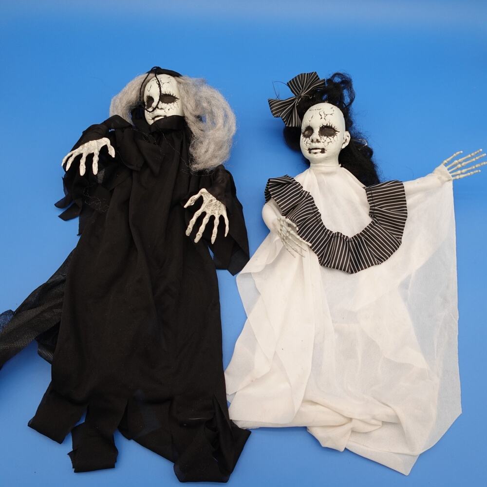 Halloween Creepy Hanging Doll Decorations Lot of 2 Black White Gothic Horror 16"